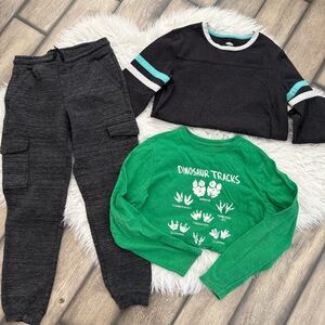 Boys Winter Outfit Set Green Dino Shirt, Charcoal Shirt, Joggers Size 10